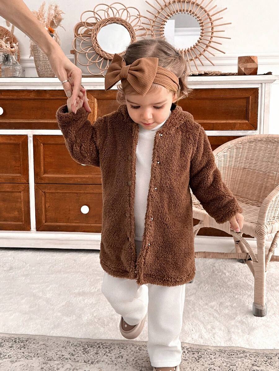 SHEIN 3 件套女婴韩式秋冬装，长袖 T 恤、裤子、毛绒夹克 - 彩色 - 查看 1