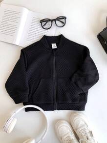 SHEIN 男婴/女婴可爱百搭黑色纹理面料夹克外套，秋冬 - 黑色 - 查看 3