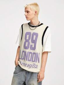 ROMWE MEN Prep Herren Pullunder mit Kontrastfarbe und Buchstaben- und Zahlen Muster, Frühling Herbst