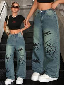 SHEIN Teen Girls Y2k Blue Denim Vintage Wash Retro Spider Web Print Relaxed Fit Wide Leg Blue Jeans, Halloween Denim Pants , Girl Fall And Winter Clothes - Medium Wash - View 1