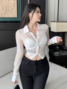 DAZY Áo cánh tay dài màu trơn lưới mỏng cho nữ, áo đi chơi mùa xuân và mùa hè - trắng - Xem 5