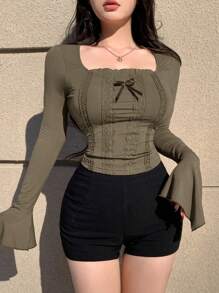 DAZY 女士长袖T恤，蕾丝拼接设计，秋季女装可爱上衣 - 綠色 - 查看 4