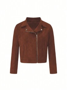 SHEIN LUNE 大码女式春秋纯色前拉链长袖休闲夹克 - 鏽棕色 - 查看 1