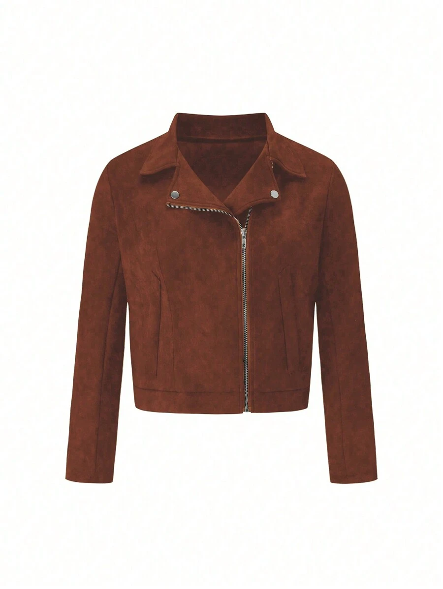 SHEIN LUNE 大码女式春秋纯色前拉链长袖休闲夹克 - 鏽棕色 - 查看 1