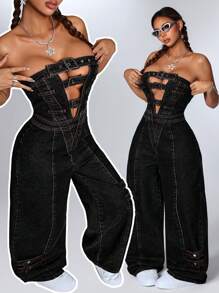 SHEIN ICON Women's Denim Halter Jumpsuit With Cutout And Button Design - Black - View 3