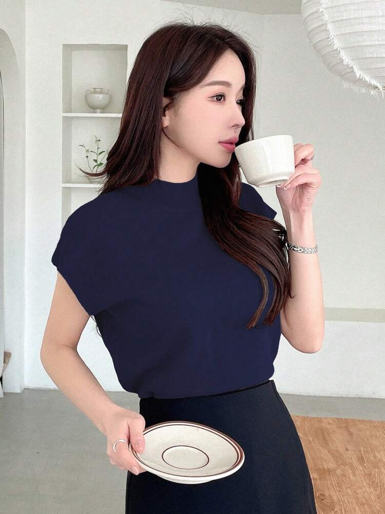 Women's Spring & Summer Solid Color Turtleneck Batwing Sleeve Knitted Top