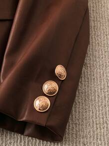 SHEIN Clasi Áo khoác da màu nâu đơn giản, tay dài cài nút phía trước dành cho nữ, cổ đứng, đơn giản, thường ngày, chất liệu PU, thời trang thu đông - Cà phê nâu - Xem 4