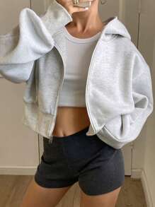 DAZY 女式纯色落肩长袖连帽拉链短款羊毛运动衫，适合秋冬夹克