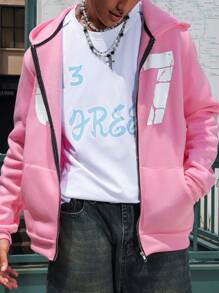 Manfinity Campus Court Aesthetic Post--Loose Fit Men's Hooded Sweatshirt With Letter Print, Zipper Front And Thermal Lined ,Y2K Cute Fall Clothes - Pink - View 4
