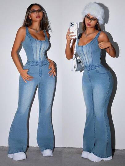 SHEIN ICON Women Fashion Denim Jumper Pants And Bodycon Sleeveless Flared Leg Jeans, Stretchy Blue