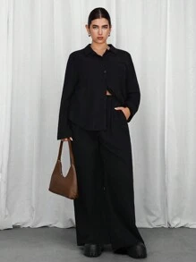 SHEIN EZwear 2 件大码黑色长袖衬衫和裤子套装 - 黑色 - 查看 6