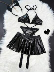 مجموعة أزياء تنكرية للنساء 4قطع (صدرية ، تنورة ، جوارب من الشبكة ، غطاء رأس) - الأسود - مشاهدة 5