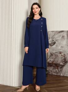 Al Najma 2pcs Women's Casual Solid Color Button Decor Split Hem Extra Long Top And Wide Leg Pants Set 2 Pieces Set Fall Cloth For Women - Royal Blue - View 8