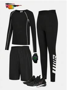 SHEIN Leap Crew 3 件套青少年男孩休闲拼色缝线圆领长袖上衣、纯色长裤和短裤针织运动服套装、健身服 - 黑色 - 查看 1