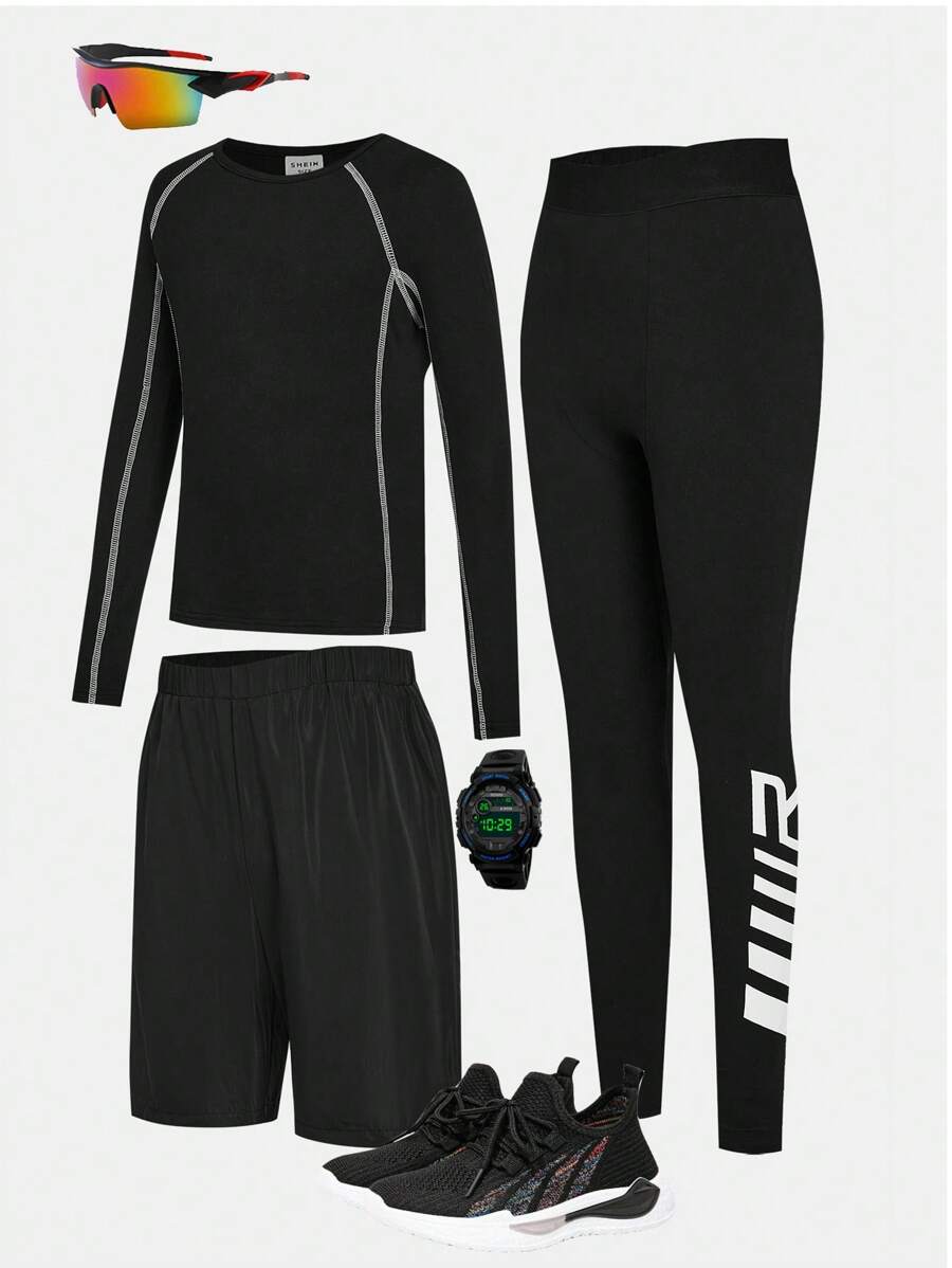 SHEIN Leap Crew 3 件套青少年男孩休闲拼色缝线圆领长袖上衣、纯色长裤和短裤针织运动服套装、健身服 - 黑色 - 查看 1
