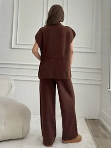 EURMUSE 2 Pcs Zipper Detail Sweater Pant - Brown - View 2