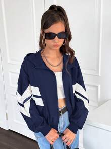 SHEIN Teen Girl Woven Colorblock Pockets Loose Casual Hoodie Jacket - Navy Blue - View 5