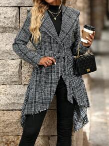 SHEIN Clasi Chaqueta con cuello grande a cuadros, dobladillo asimétrico y cinturón para mujer - Gris - Ver 1