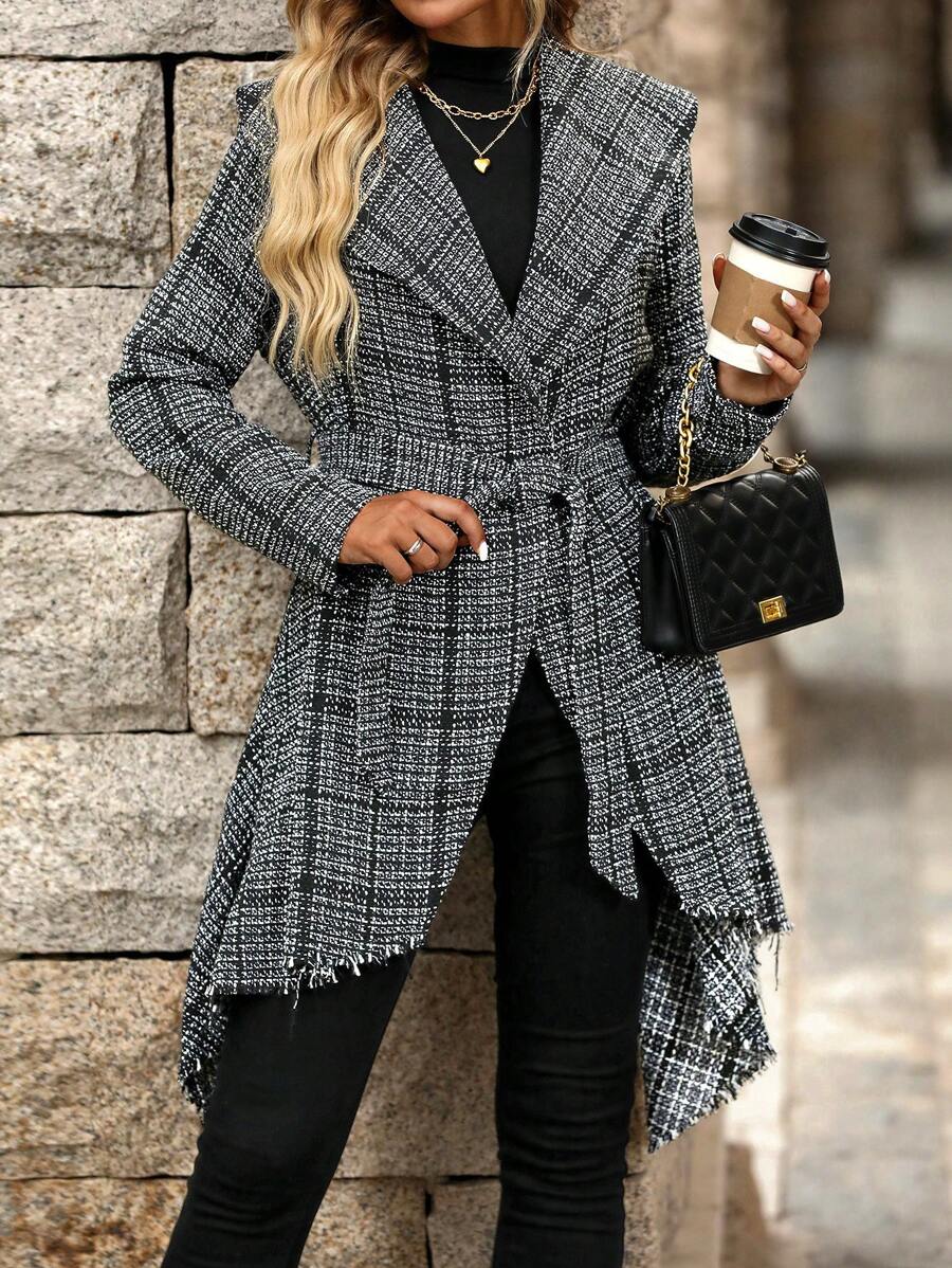 SHEIN Clasi Chaqueta con cuello grande a cuadros, dobladillo asimétrico y cinturón para mujer - Gris - Ver 1
