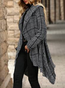 SHEIN Clasi Chaqueta con cuello grande a cuadros, dobladillo asimétrico y cinturón para mujer - Gris - Ver 3