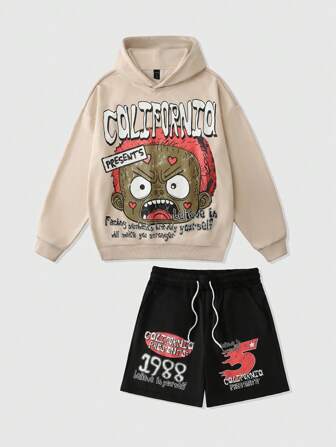 Street Life Set da 2 pezzi Tuta sportiva uomo, felpa con stampa ritratto cartoni animati divertente e pantaloncini corti, streetwear