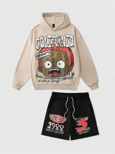 Street Life 2pcs/Set Men Funny Cartoon Portrait Print Sweatshirt & Shorts Tracksuit, Streetwear