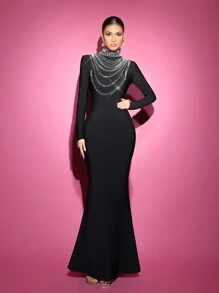 Glamrae Elegant Black Long-Sleeved Stand-Up Collar Shoulder Pad Ornate Curved Rhinestone Backless Mermaid Hem Shaping Bandage Formal Evening Dress,Prom Gown - Black - View 3