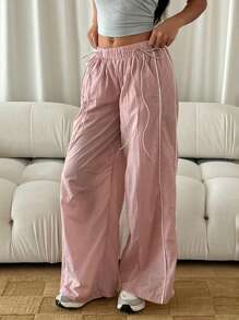 SHEIN Privé Damen lässige Sport Hose mit weitem Bund, pinker Schmetterling Dekor und niedriger Taille, Maxilänge - Pink - Übersicht 4