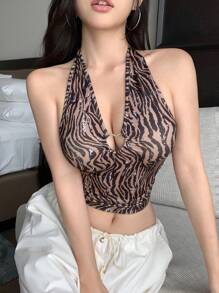 DAZY Women's Leopard Print Halter Crop Top Festival Outfits - Mocha Brown - View 6