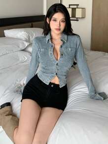 DAZY Women's Patchwork Long Sleeve Denim Blouse,Fall Clothes,Jeans Jacket - Light Wash - View 2