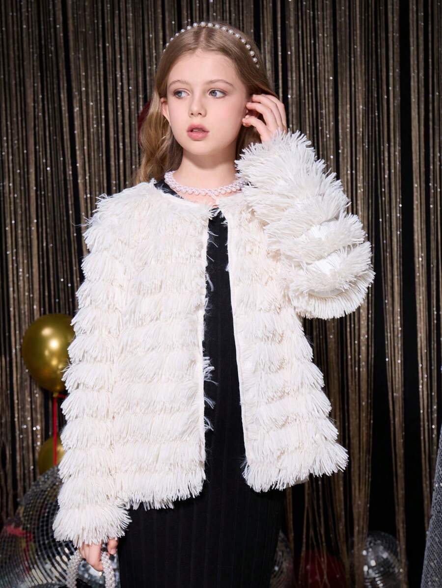 SHEIN 2pcs Tween Girl Fluffy Jacket & Dress Set, For Elegant Party - Black and White - View 1