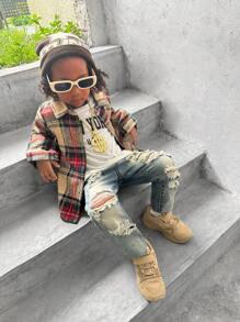 SHEIN Explorewe Young Boy Handsome Acid Wash Minimalist Style Distressed Fashion Stretch Denim Jeans - Medium Wash - View 7