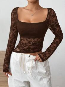 SHEIN EZwear 女士蕾丝领长袖修身时尚春夏季衬衫