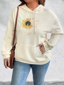 EMERY ROSE Plus Size Casual Sunflower Print Drawstring Hoodie, Autumn Pullover Fall Winter - Apricot - View 3