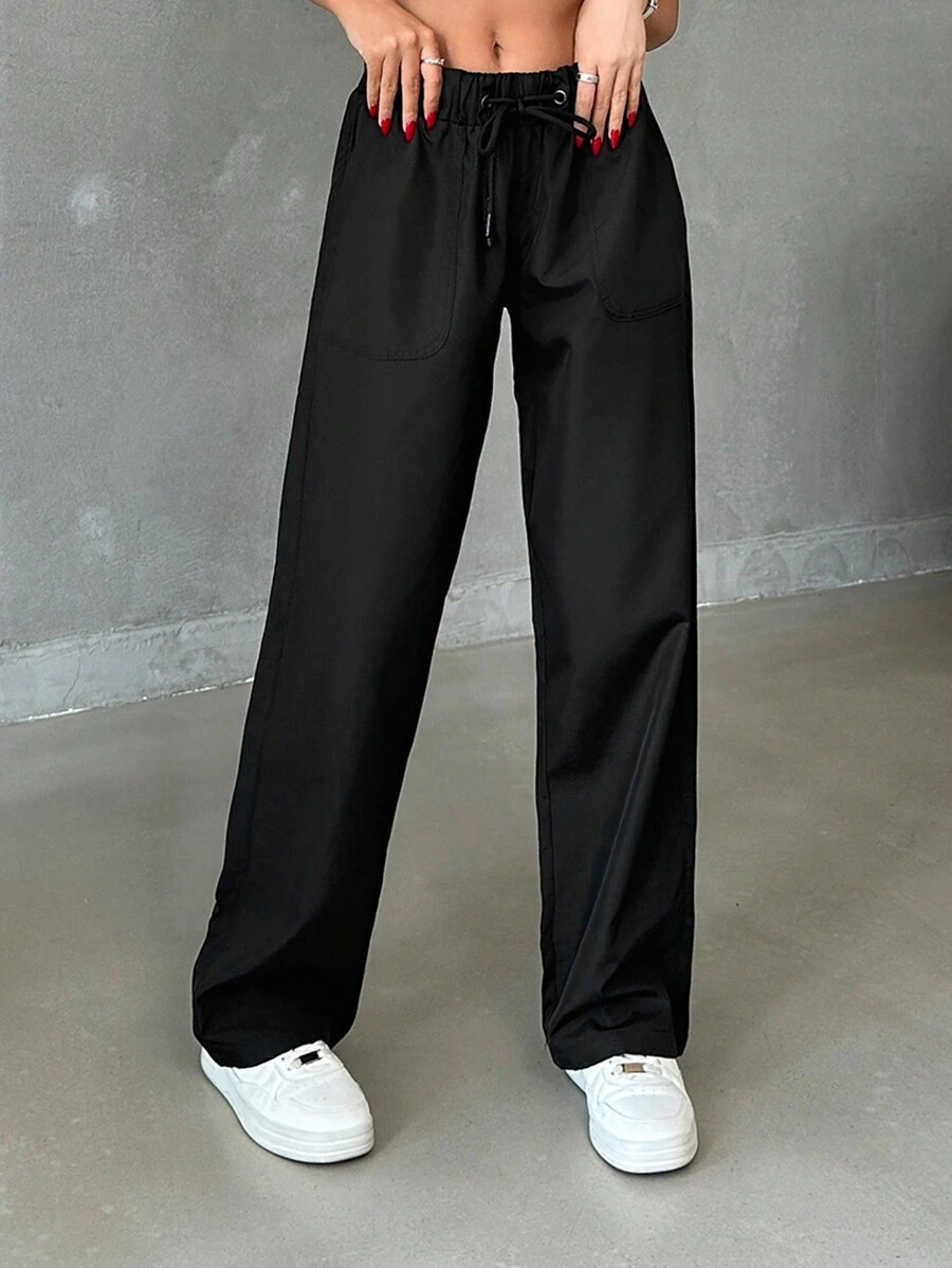RueChic Women's Solid Low Waist Drawstring Parachute Pants - Black - View 1