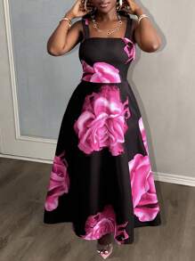 Slaydiva Summer New Style Casual Holiday Elegant Daily Date Vest Wide Strap Waist A-Line Skirt Full Black Bottom Red Flower Print Women's Long Dress