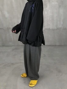 FRIFUL 女款荷葉邊拼接字母印花連帽寬鬆加厚保暖內裡運動衫，秋季女裝連帽衫 - 黑色 - 查看 9