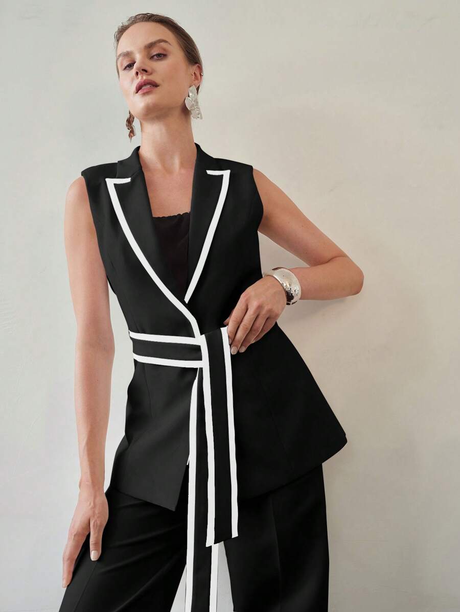 MOTF PREMIUM CONTRAST PIPING PEAK COLLAR BELTED WAISTCOAT SHEIN UK