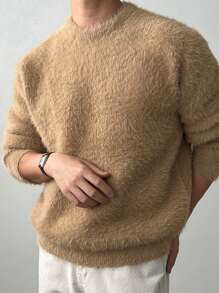 DAZY Men's Round Neck Long Sleeve Solid Color Fleece Sweater, Autumn - Camel - View 6