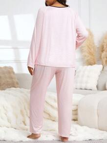 Plus Size Polka Dot Contrast Trim Tied Front Raglan Sleeve Casual Top & Pants Pajama Sweat Suit, Fall Clothes, Cozy Outfit - Pink - View 2
