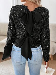 Chiquease Veste avec détail de nœud papillon scintillante, noire avec sequins, à manches longues, deux façons de porter, printemps/automne - Noir - Voir 8