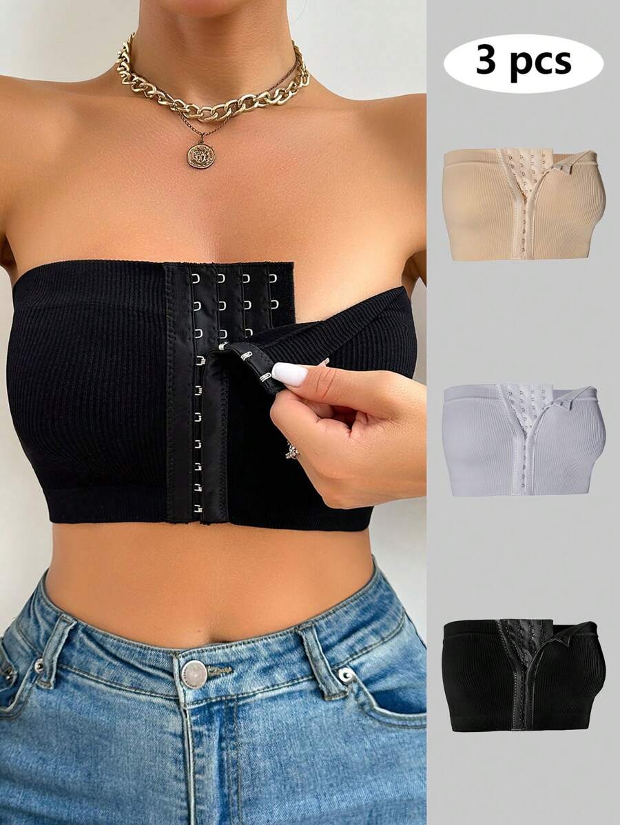 Women's Strapless Knitted Fabric Plain Casual Bra 3 Packs Built In - Multicolor - View 1