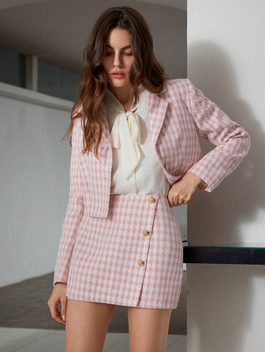 GENKIRA 复古优雅时尚千鸟格图案西装外套和不对称喇叭短裤两件套 - 彩色 - 查看 1