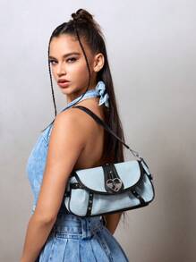 SHEIN ICON Túi đeo vai nữ, Túi Hobo, Thời trang, Cá nhân hóa, Đa năng, Đơn giản, Ngọt ngào và sành điệu, Cô gái nóng bỏng, Y2k, Đường phố, Cổ điển, Đại học, Ghép nối, Hiệu ứng denim - Màu xanh lam - Xem 1