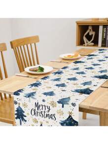 1pc Festive Christmas Table Runner Blue Christmas Trees And Snowflake Festive Holiday Print Design - Perfect For Indoor And Outdoor Holiday Parties Decor, Home Party - الأزرق - مشاهدة 5