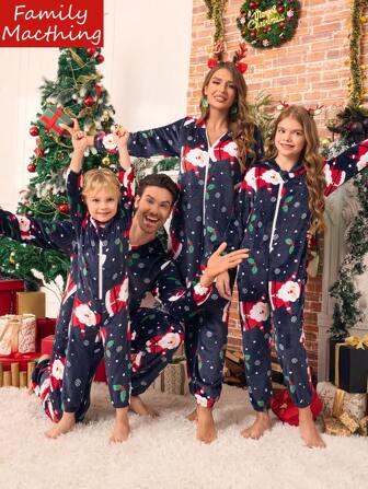 SHEIN Vrolijk Kerstfeest Heren Minimalistische Kerstman, Sneeuwvlok, Kerstboom Print All-Over Pluche Lange Mouw Jumpsuit Pyjama, Familie Matching Outfits Mama En Ik (4 Sets Apart Verkocht)