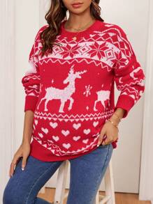 SHEIN Áo len dài tay hở vai họa tiết hình học cho bà bầu, mùa thu/đông, dành cho bà bầu - Màu Đỏ Sâu - Xem 6