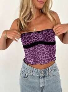 INAWLY Women Sexy Leopard Lace Sheer Printed Blouse - Purple - View 3