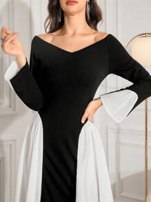 Modelyn Robe de soirée longue casual à col V, manches longues, de couleur unie et patchwork, pour femmes