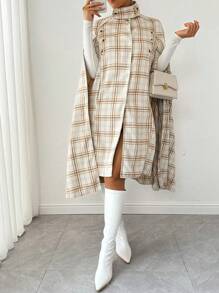 Chiquease Damen Herbst Winter Stehkragen Taschen Karomuster Umhang - Aprikosenfarben - Übersicht 5